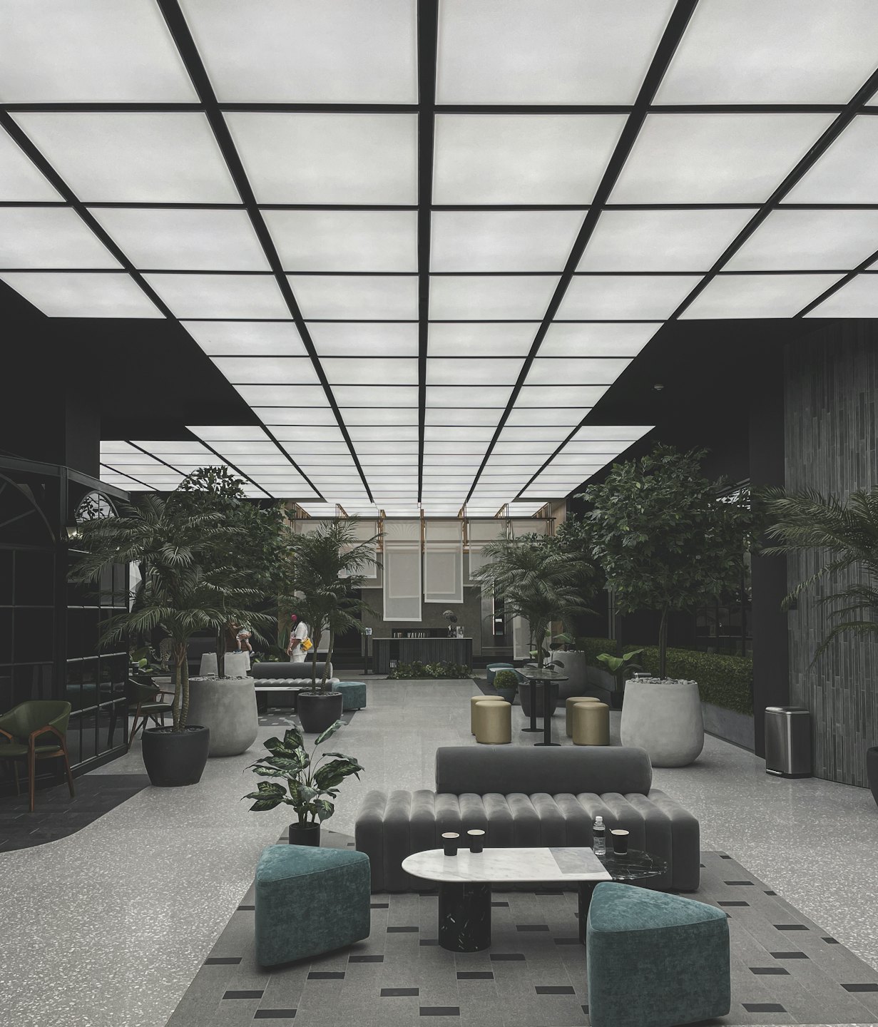 Modern hotel lobby with contemporary seating and large potted plants.